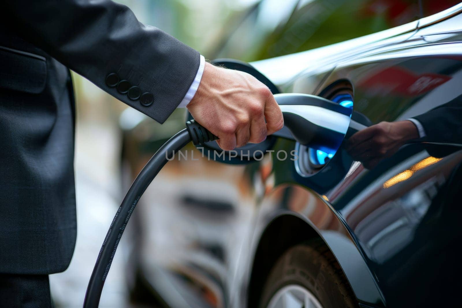 close up of a hands of a businessman using an electric car charger, electric car charging by nijieimu