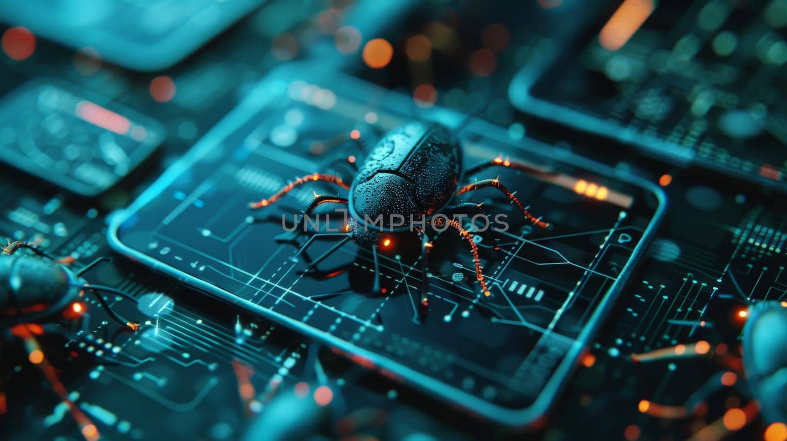 a bug spreading across multiple devices, digital threats concept.