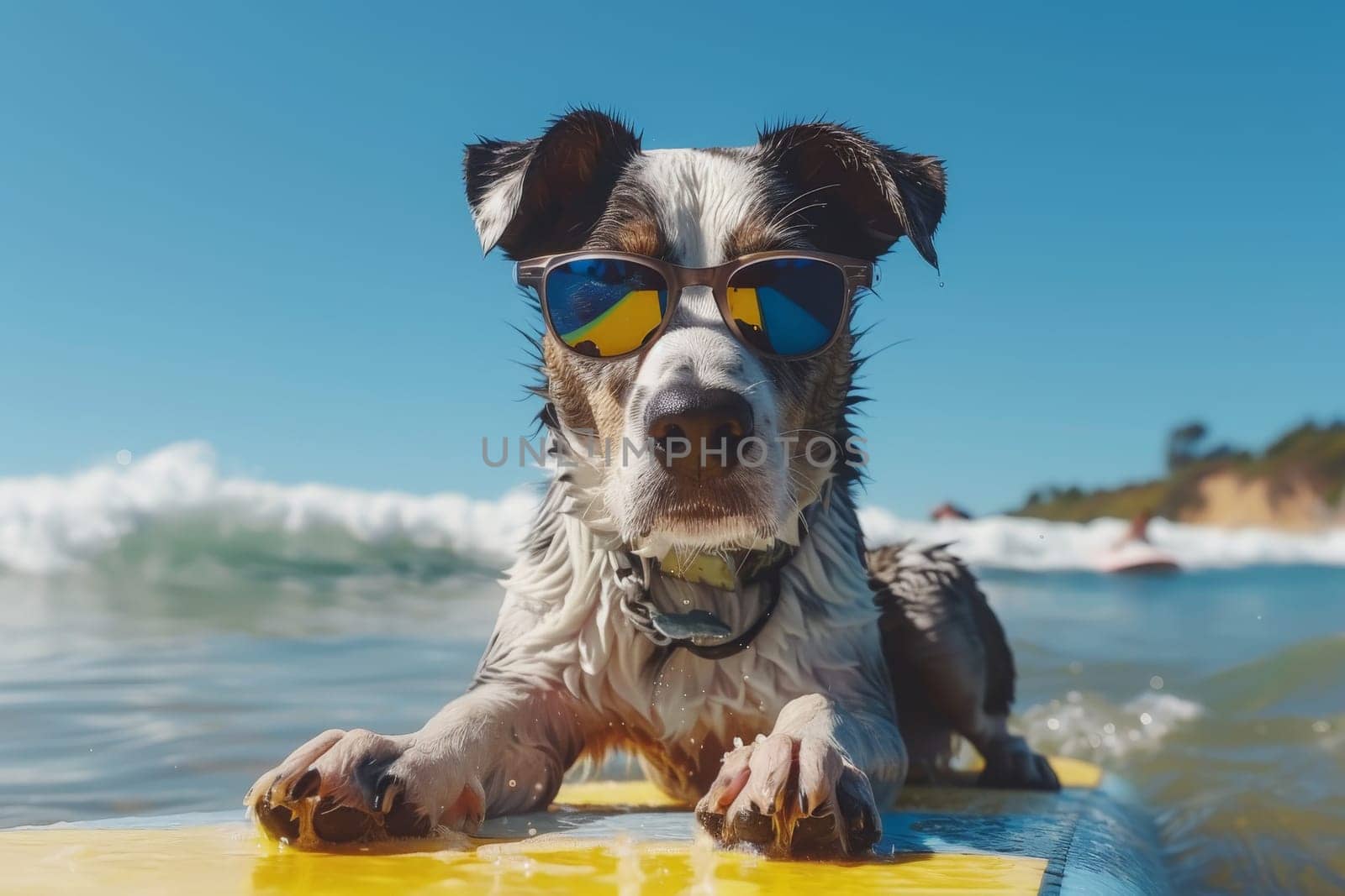 a dog wearing sunglasses riding a surfboard, summer activity by nijieimu