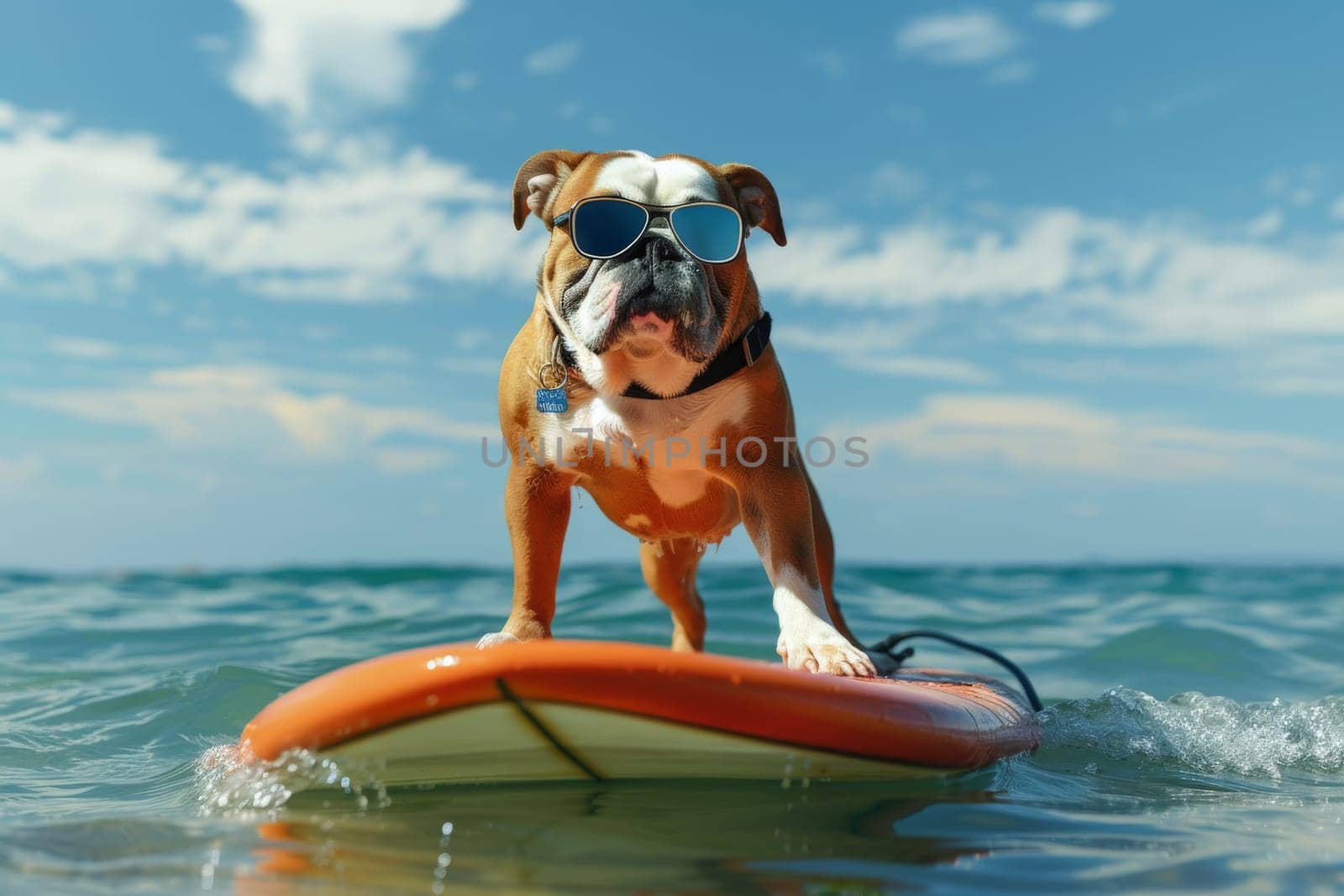 a dog wearing sunglasses riding a surfboard, summer activity.