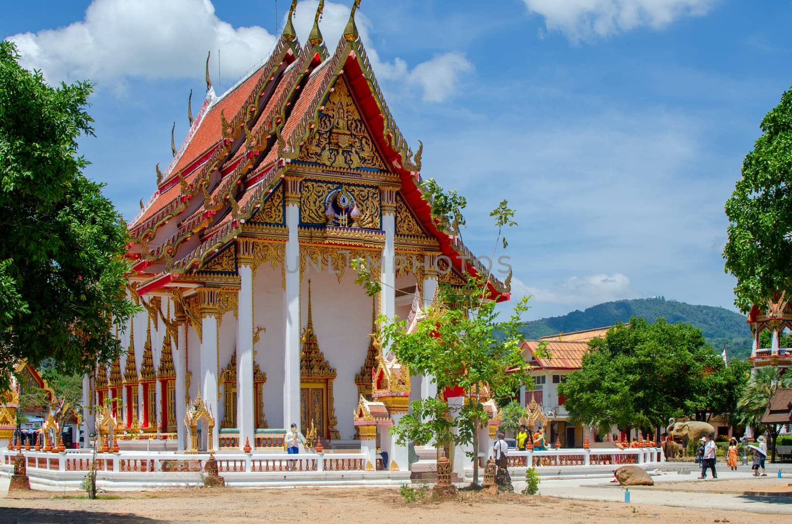 Phuket, Thailand - February 27, 2024: Detailed view of the pagoda at Phuket's largest Buddhist Temple Wat Chalong.