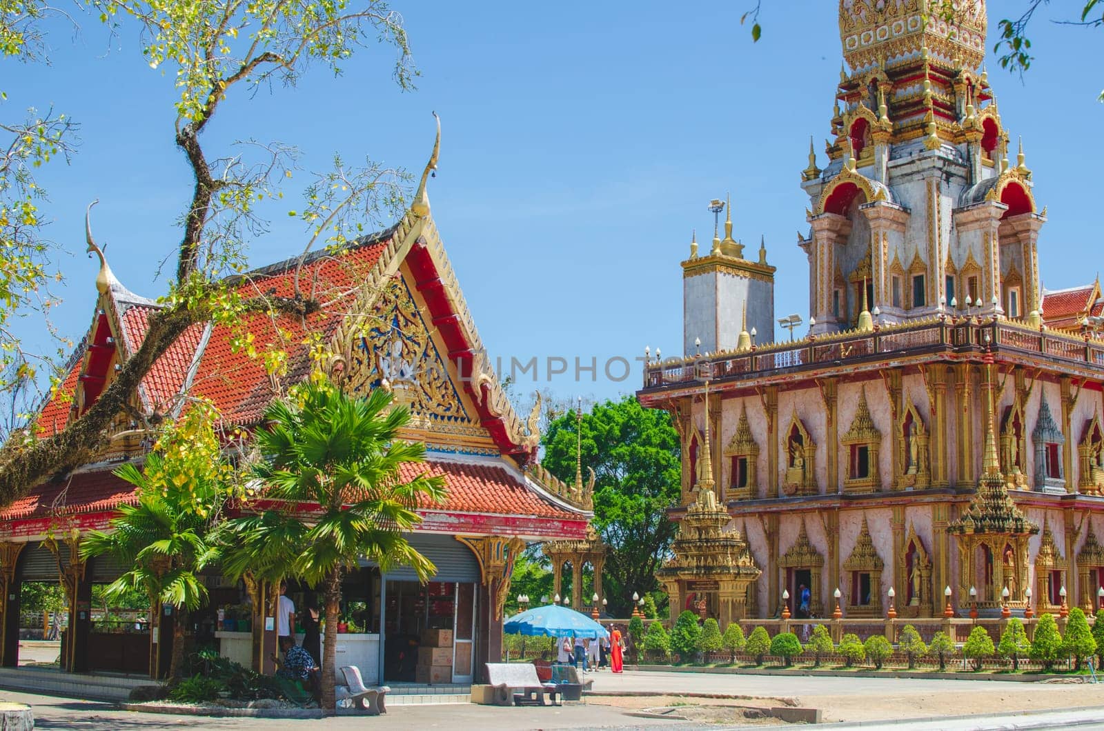 Phuket, Thailand - February 27, 2024: Detailed view of the pagoda at Phuket's largest Buddhist Temple Wat Chalong.