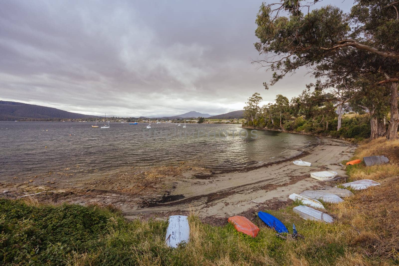 DOVER AUSTRALIA - FEBRUARY 25, 2024: Views of the quaint town of Dover and the Port of Esperance waterfront on the Southern Peninsula in Huon Valley, Tasmania, Australia