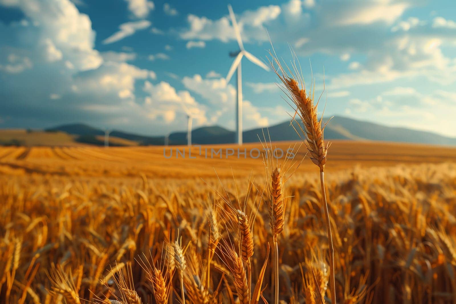 Close up view on a golden wheat with clean energy wind turbines in the background by nijieimu