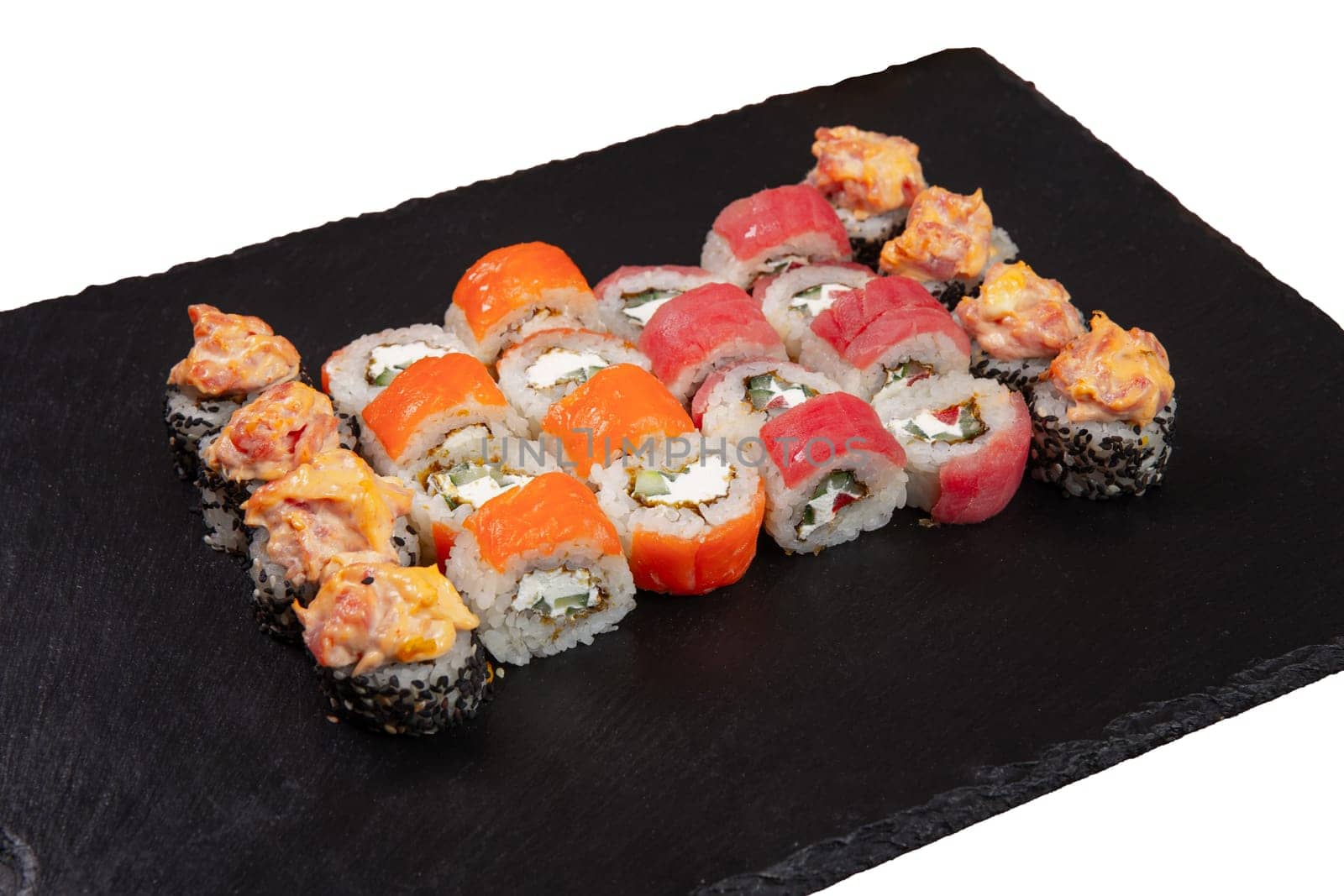 Sushi set served on black stone tray. by BY-_-BY