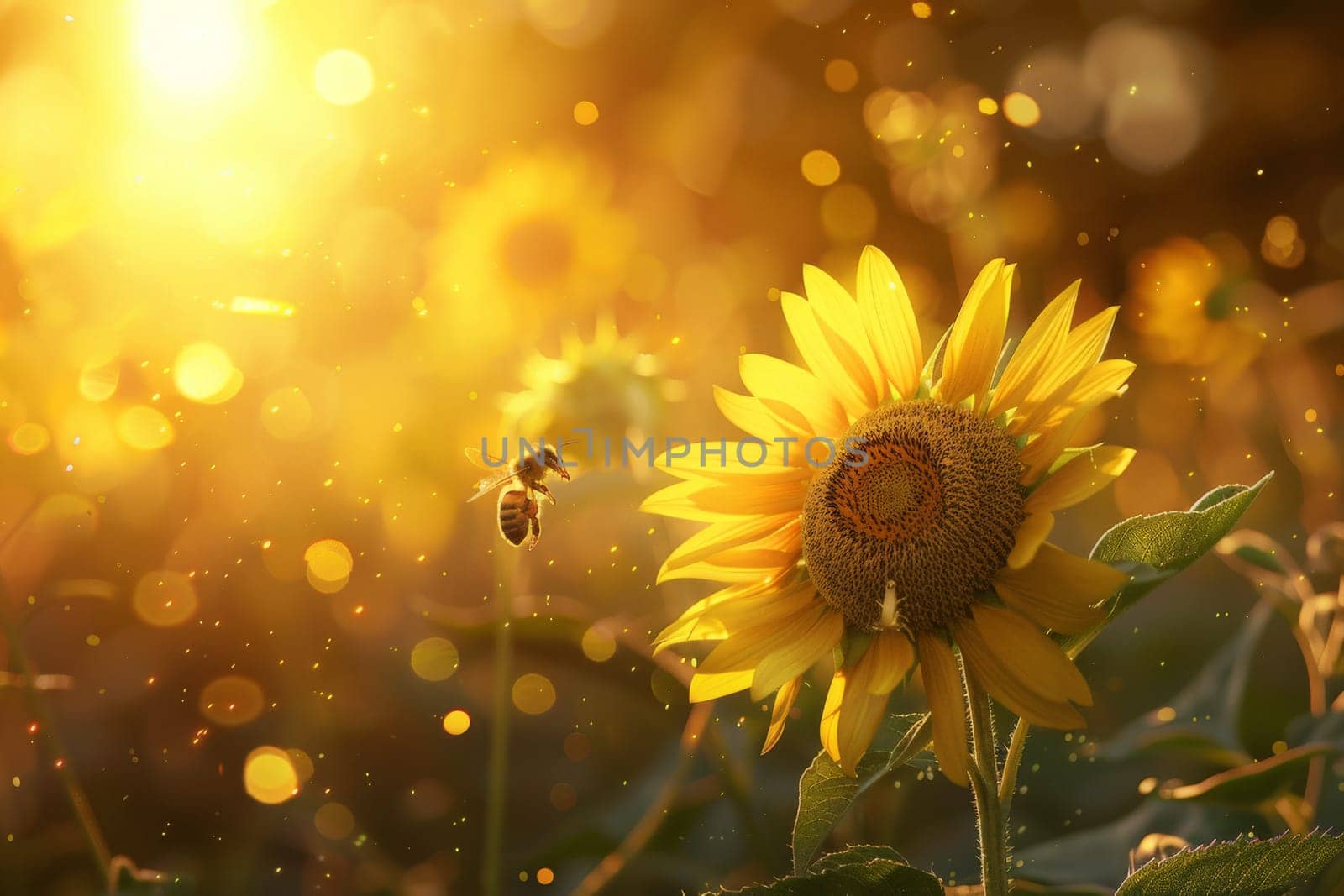 Sunflower with a honey bee with a blue sky on background, pollinates and collects honey by nijieimu