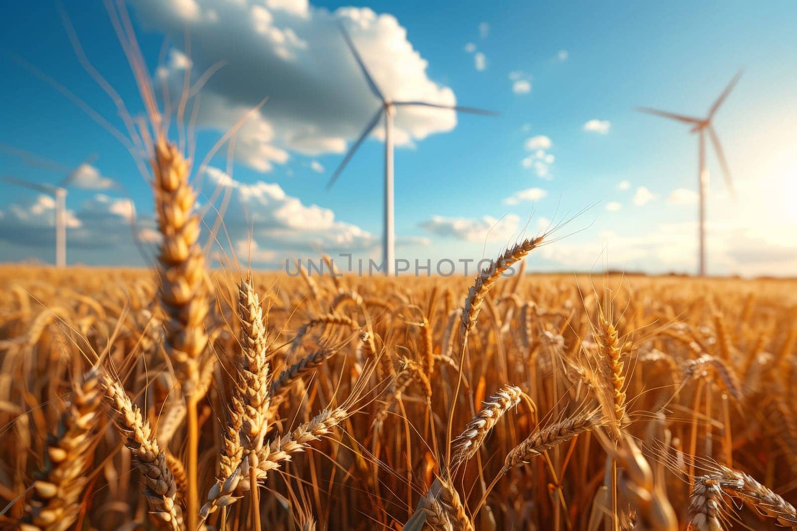 Close up view on a golden wheat with clean energy wind turbines in the background by nijieimu
