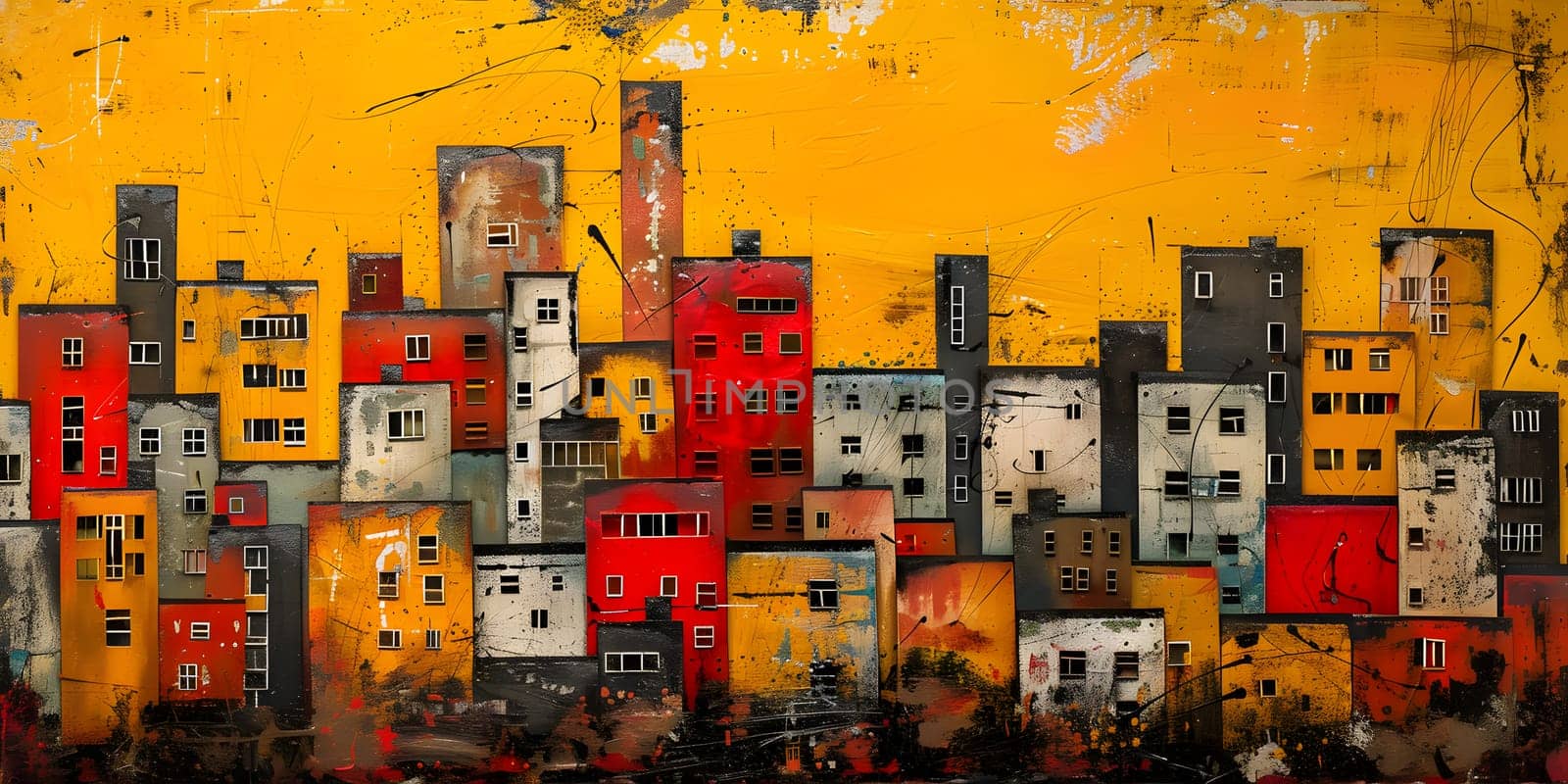 A vibrant urban design painting depicting a city skyline with tall buildings and rectangular windows against a yelloworange background, showcasing the world of art and architecture