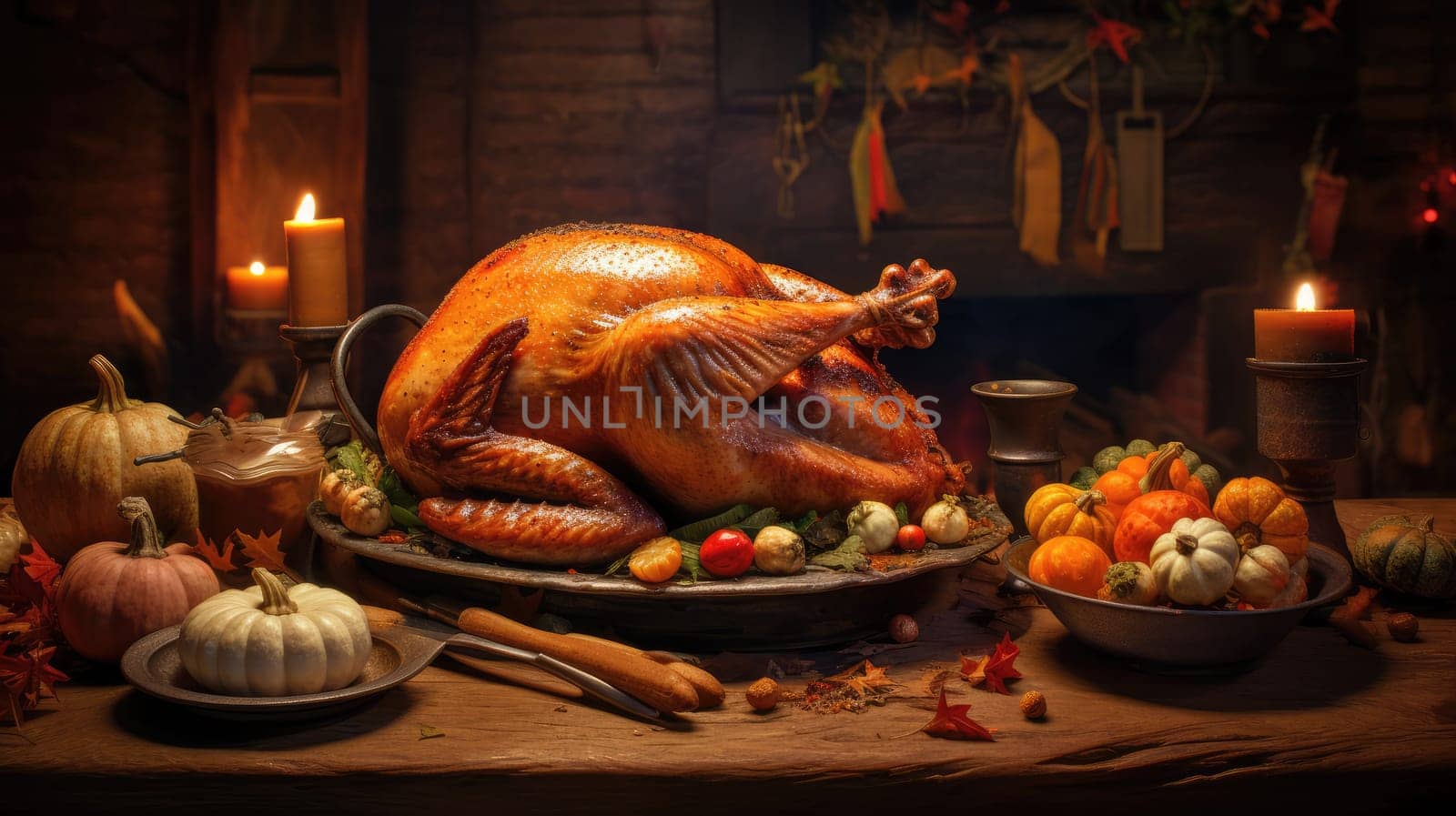 A festive richly plated Thanksgiving table with roasted turkey and other Thanksgiving foods.