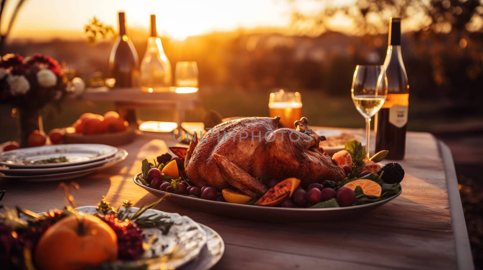 A festive richly plated Thanksgiving table with roasted turkey and other Thanksgiving foods.