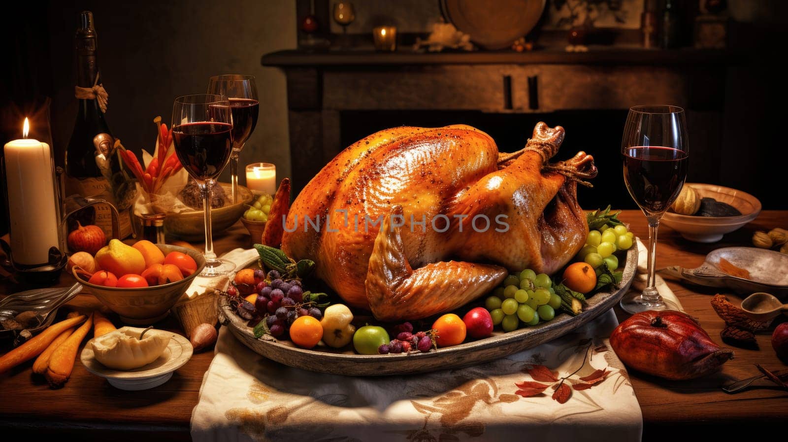 A festive richly plated Thanksgiving table with roasted turkey and other Thanksgiving foods.