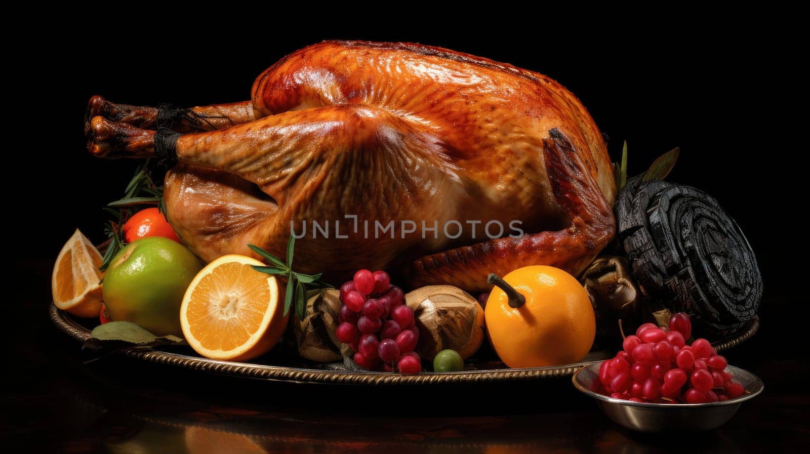 A festive richly plated Thanksgiving table with roasted turkey and other Thanksgiving foods.