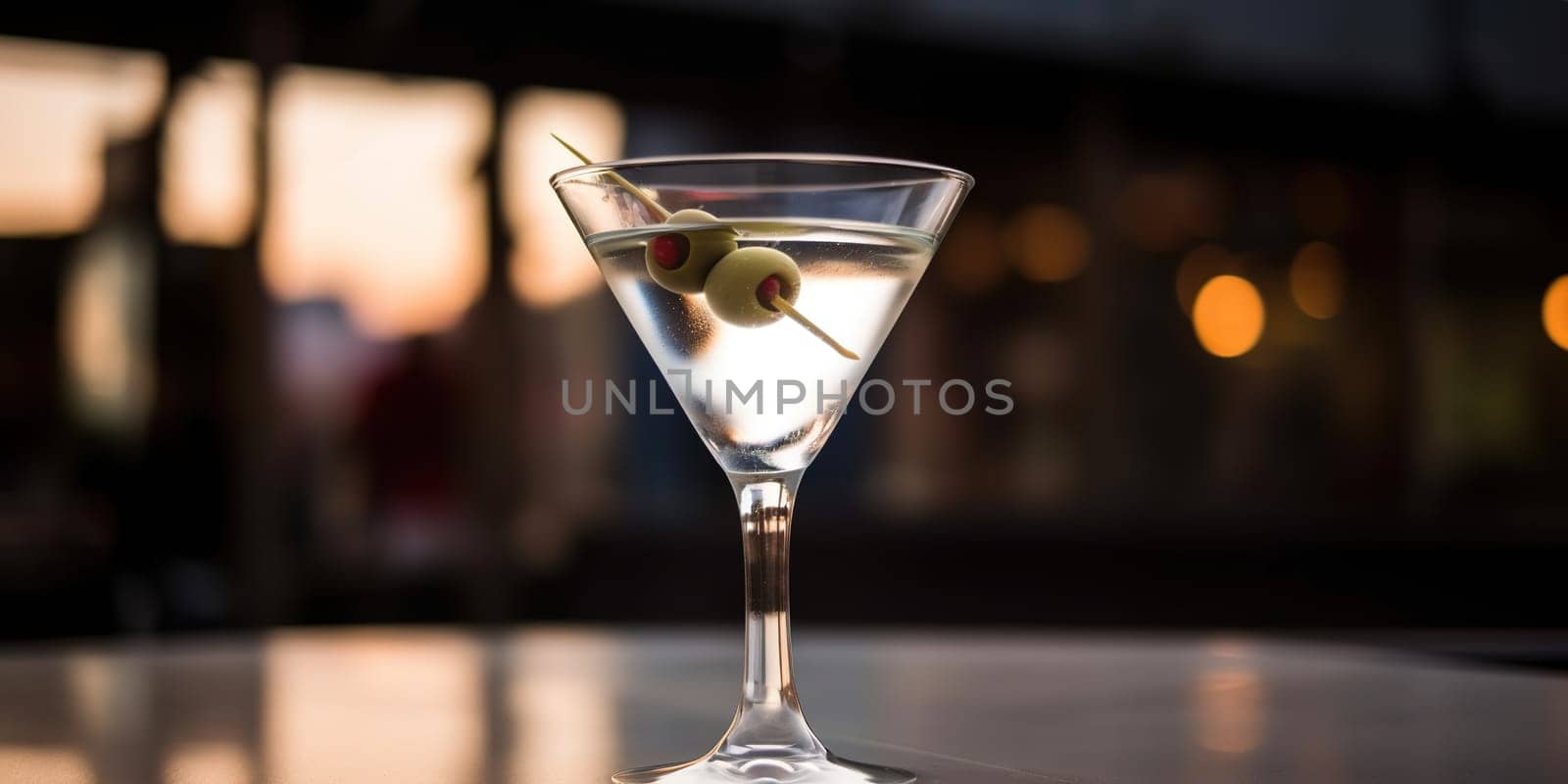 Cocktail martini with two olives in glass on a bar counter