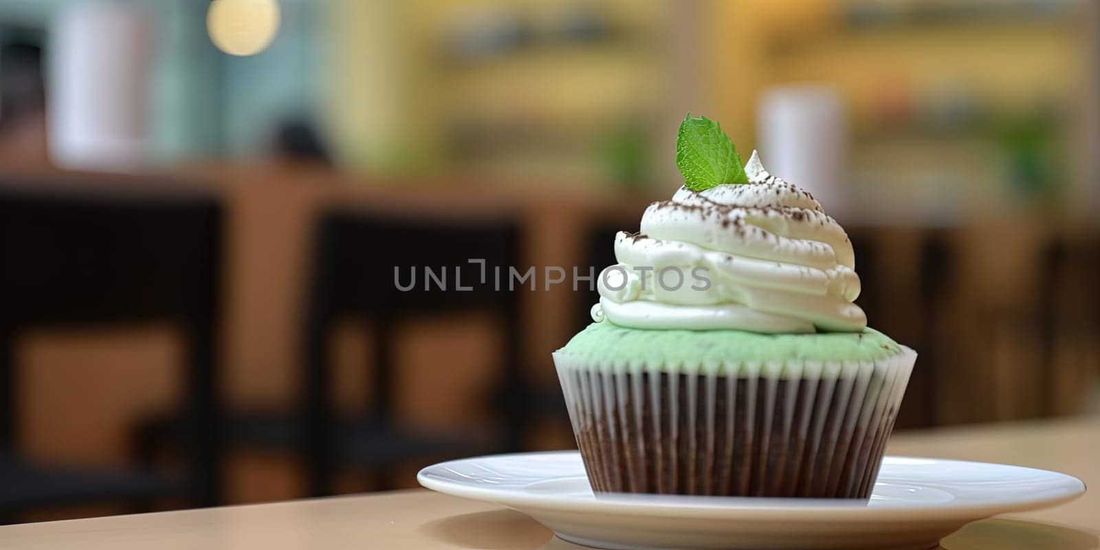 Close-up of a green cupcake on a table with blurred background