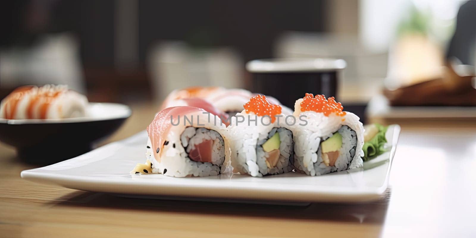 Sushi rolls on a plate in a kitchen or restaurant by GekaSkr