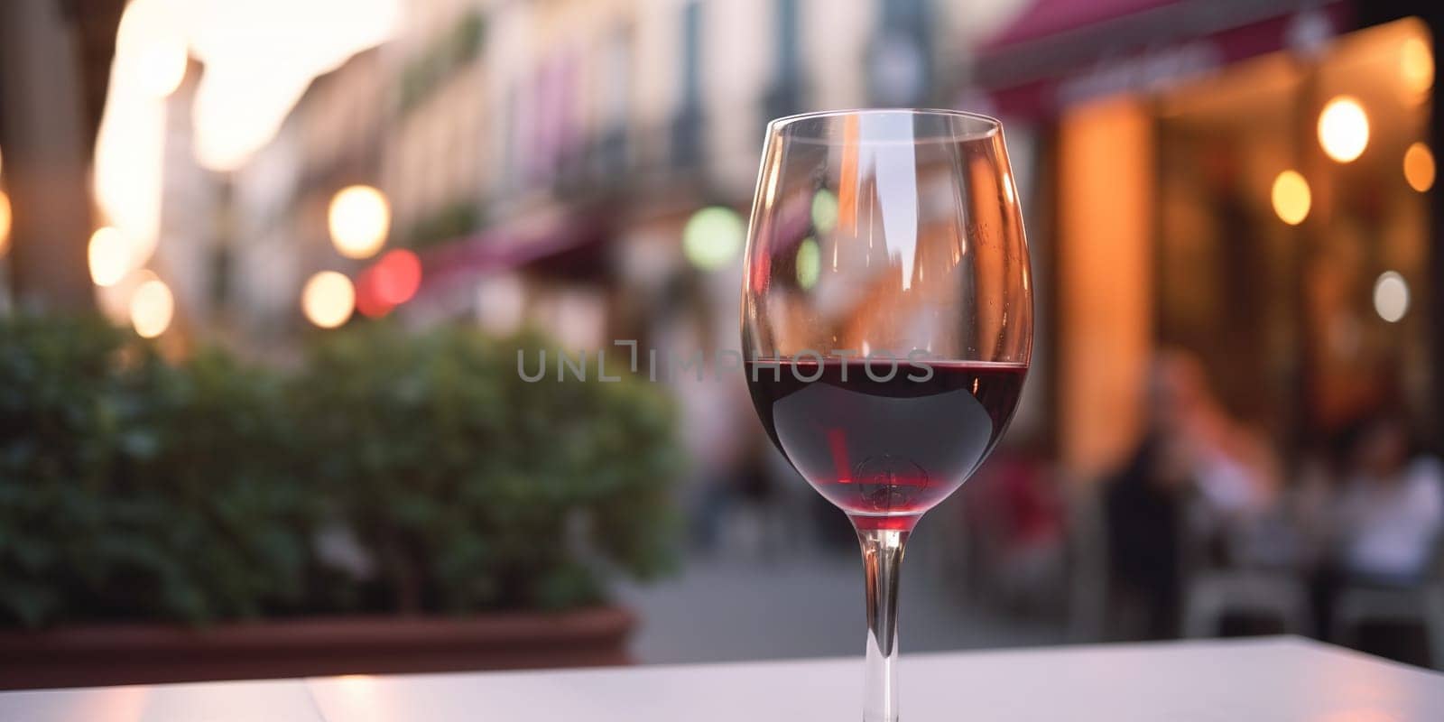 Glass of red wine on a cafe table in touristic place