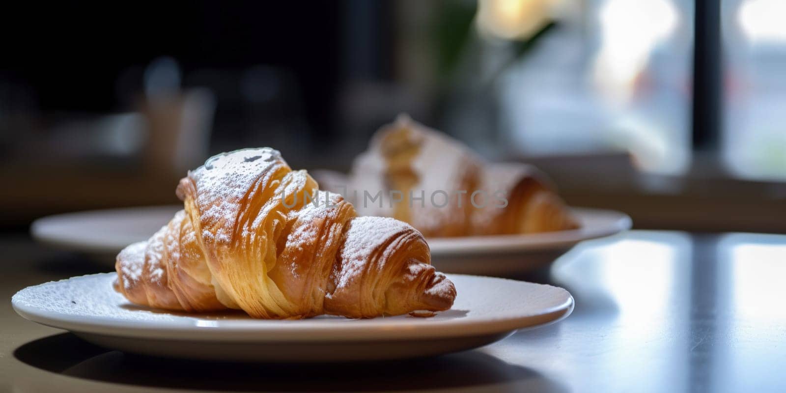 Powdered croissants on plates on the kitchen table with blurred background