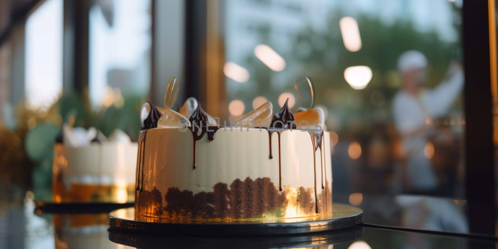 Close-up of a chocolate cake standing in a display case with blurred background