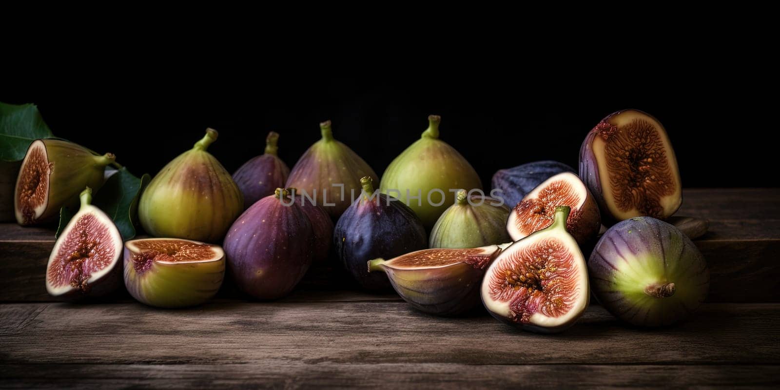 Bunch of fig fruits lie on the wooden table