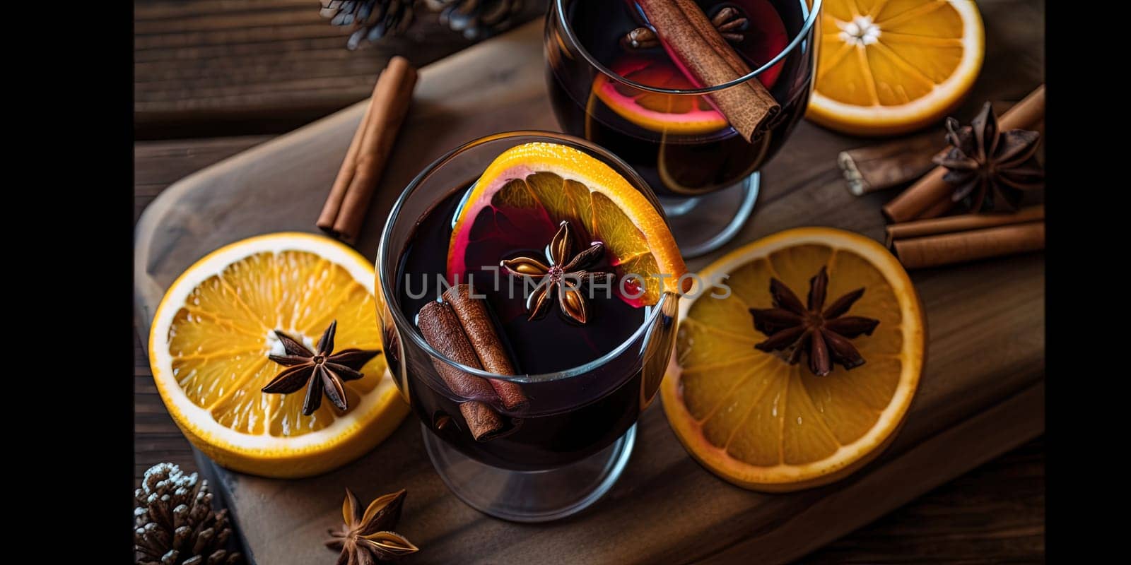 Hot gluhwein in glass, mulled wine with oranges and spices by GekaSkr