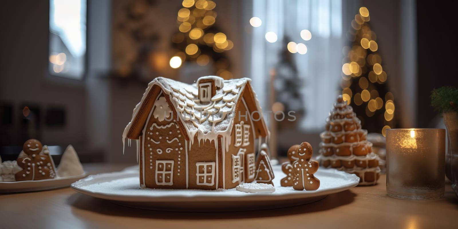 Cose-up of a gingerbread house on a table with blurred background