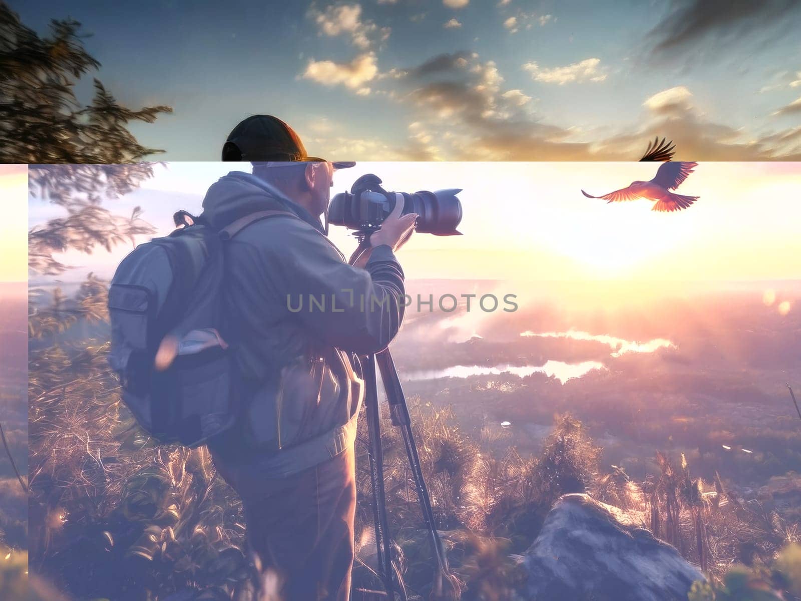 Birdwatcher on sunrise with tripod and camera take shot on birds. Amazing landscape and birdwatcher silhouette with camera. Wildlife photography concept