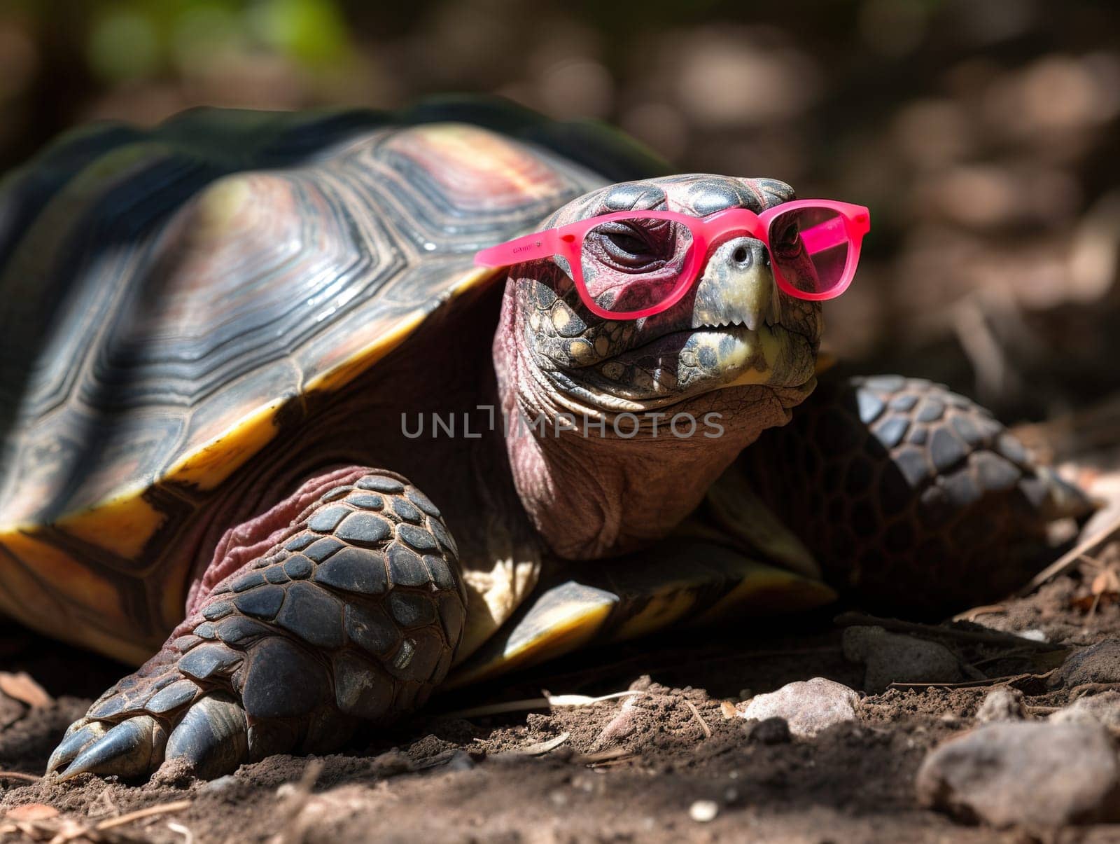 Funny Big Turtle In Cool Pink Glasses In Close-Up