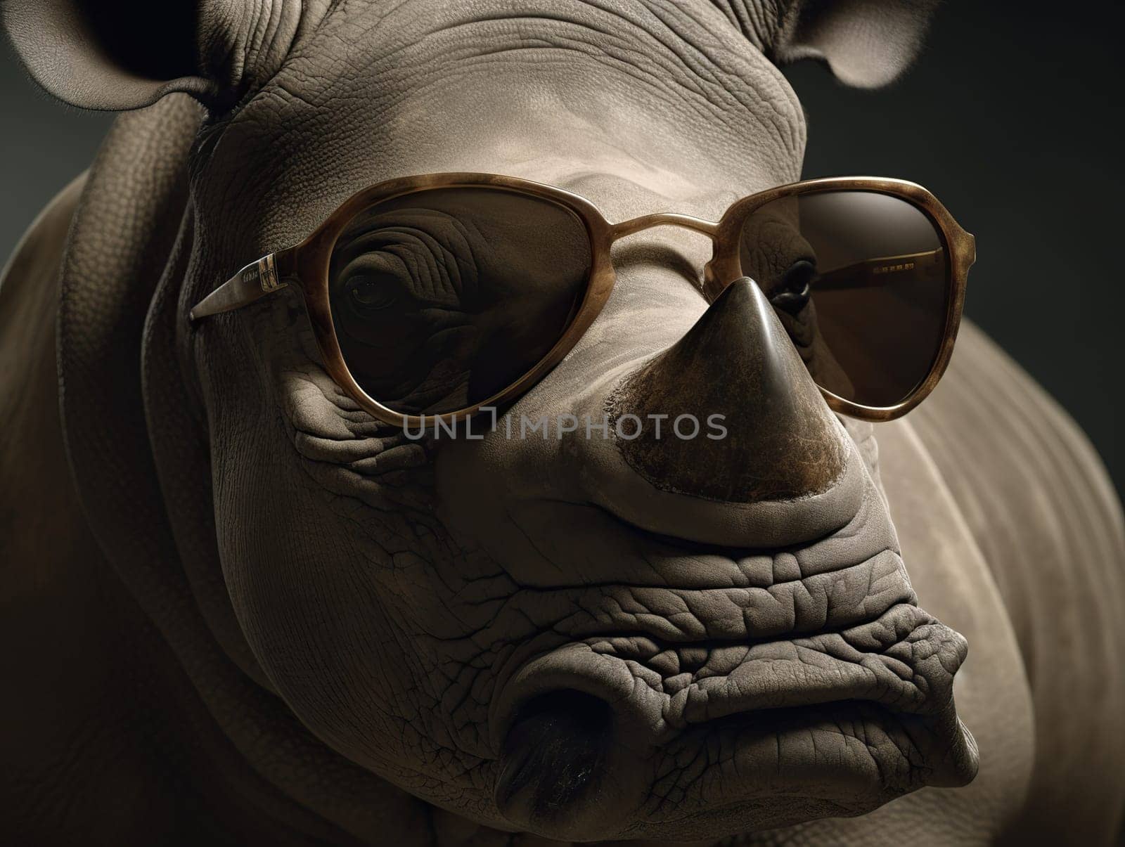 Funny Big Rhino In Dark Glasses In Close-Up