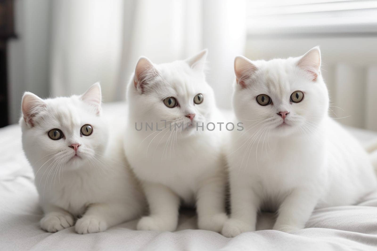 Three Amazing Scottish Fold White Cats On A Bed At Home