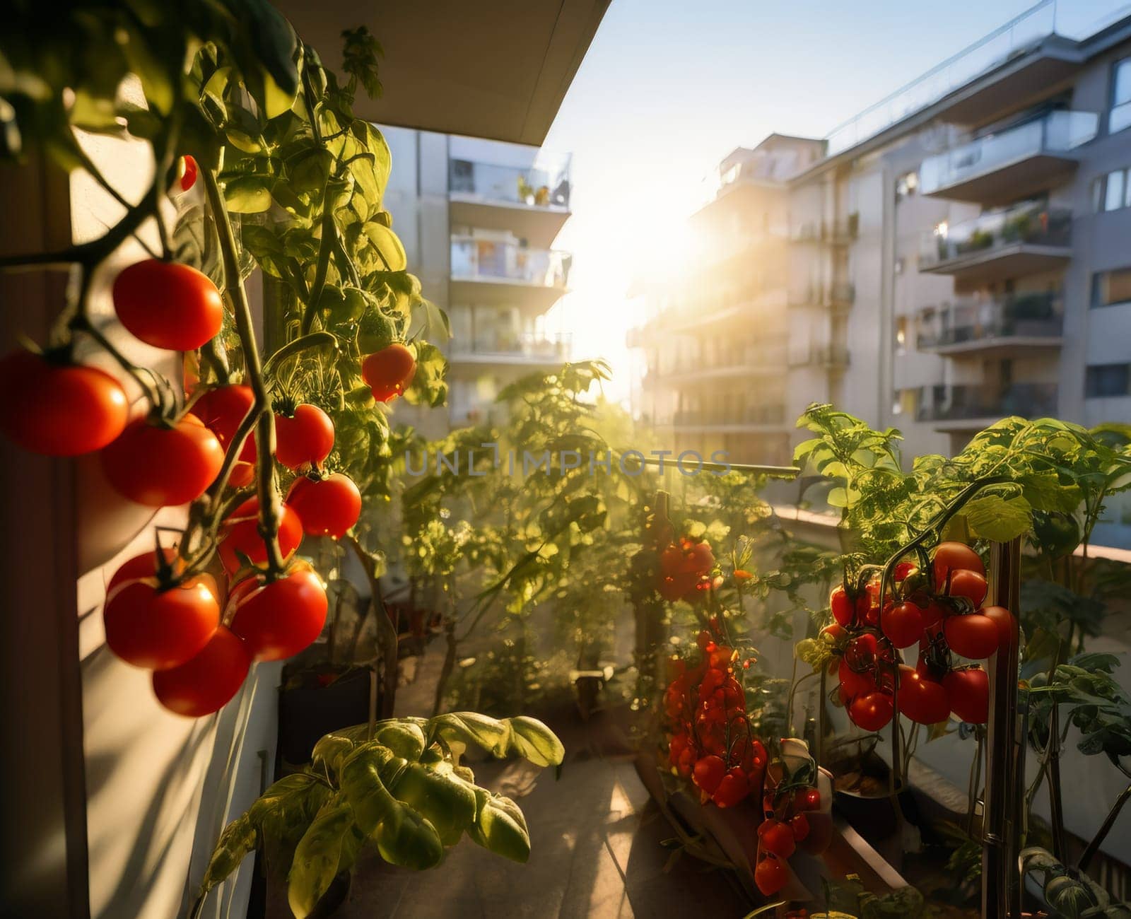 Balcony garden with cherry tomatoes. Close up view of bunch of red delicious ripe cherry tomatoes growing on balcony garden in city. Balcony urban gardening concept
