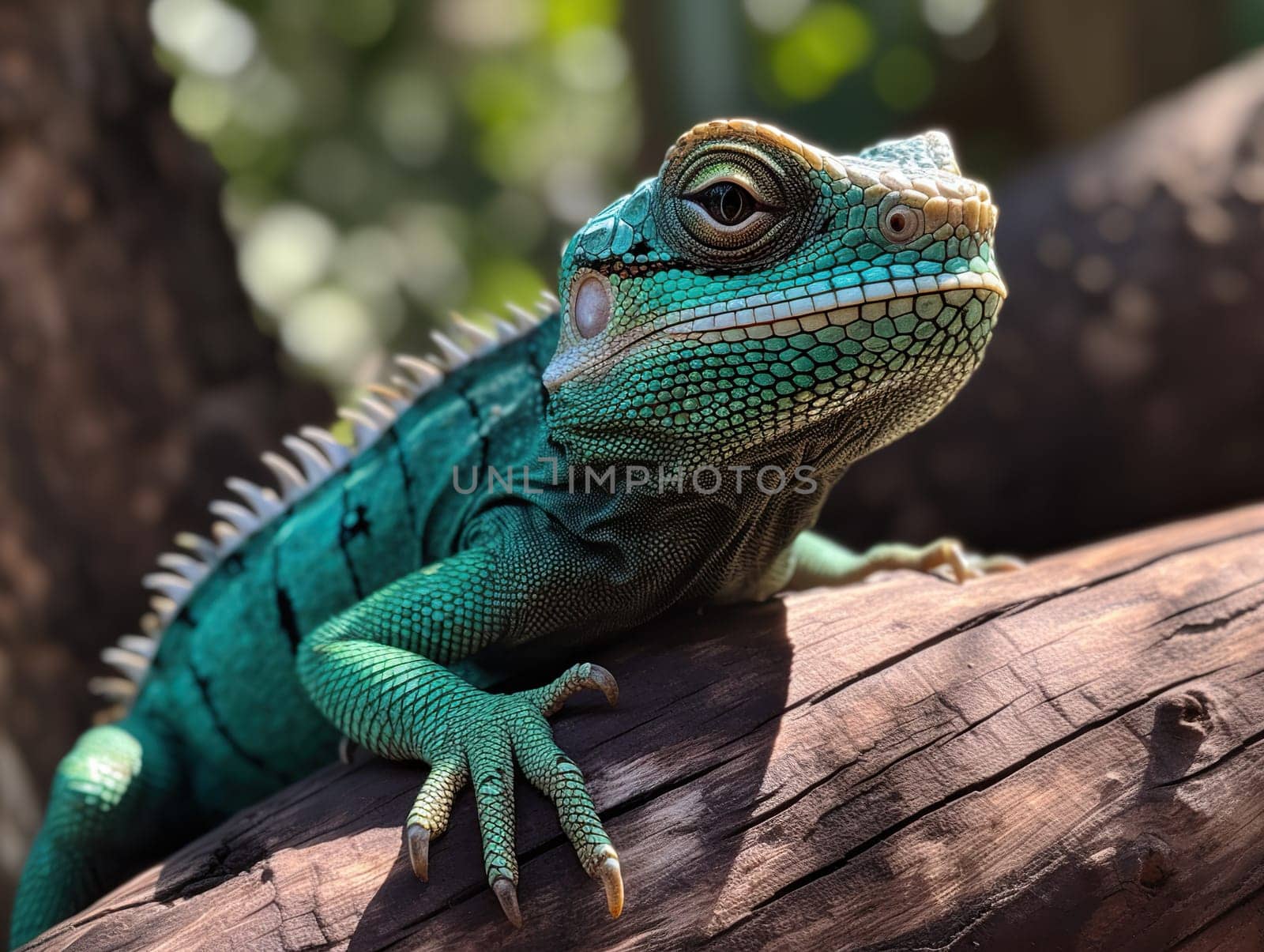 Beautiful Green Iguana On Tree In Close-Up