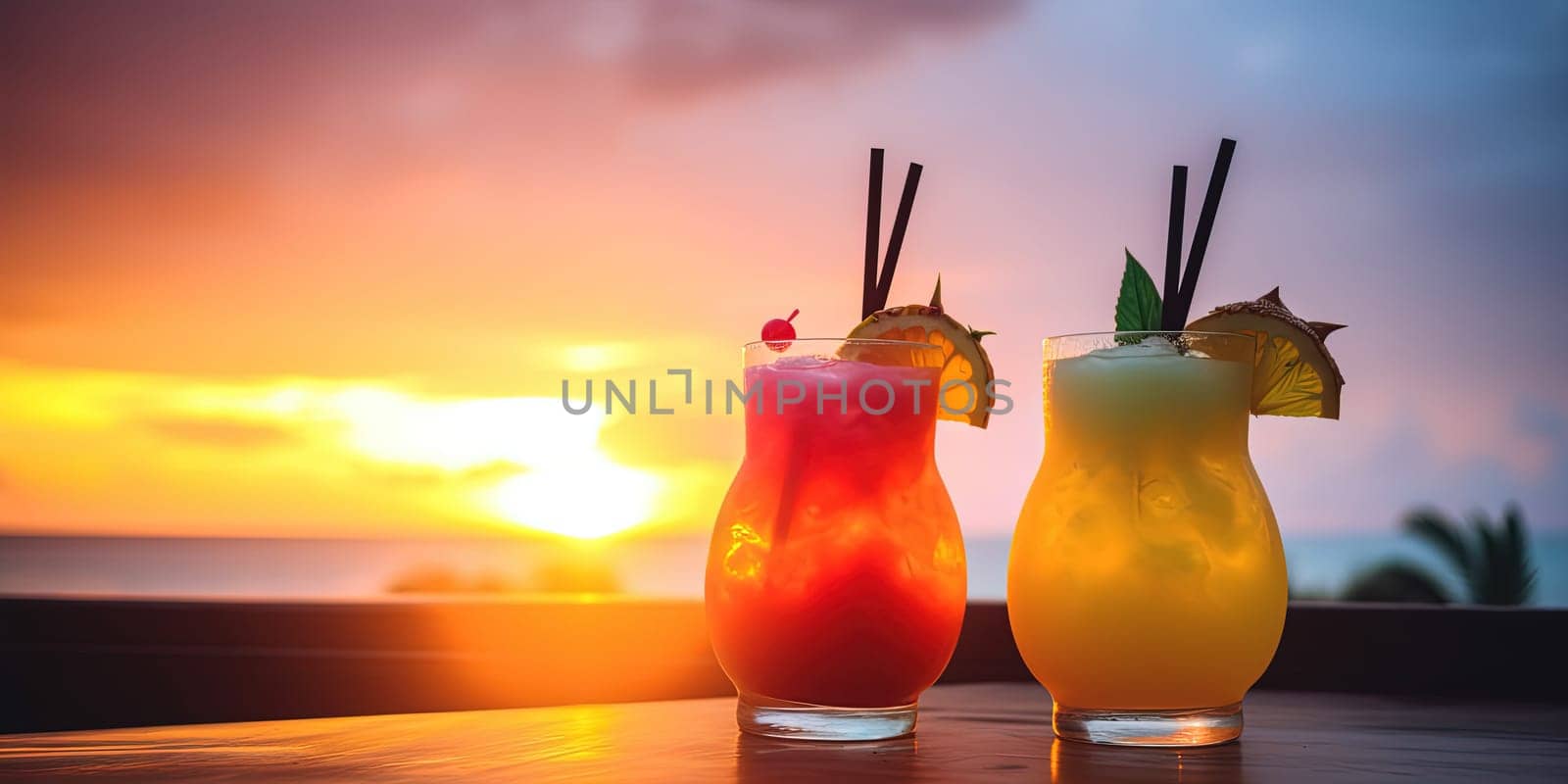 Close-up shot of a pair of tropical cocktails with a sunset by GekaSkr