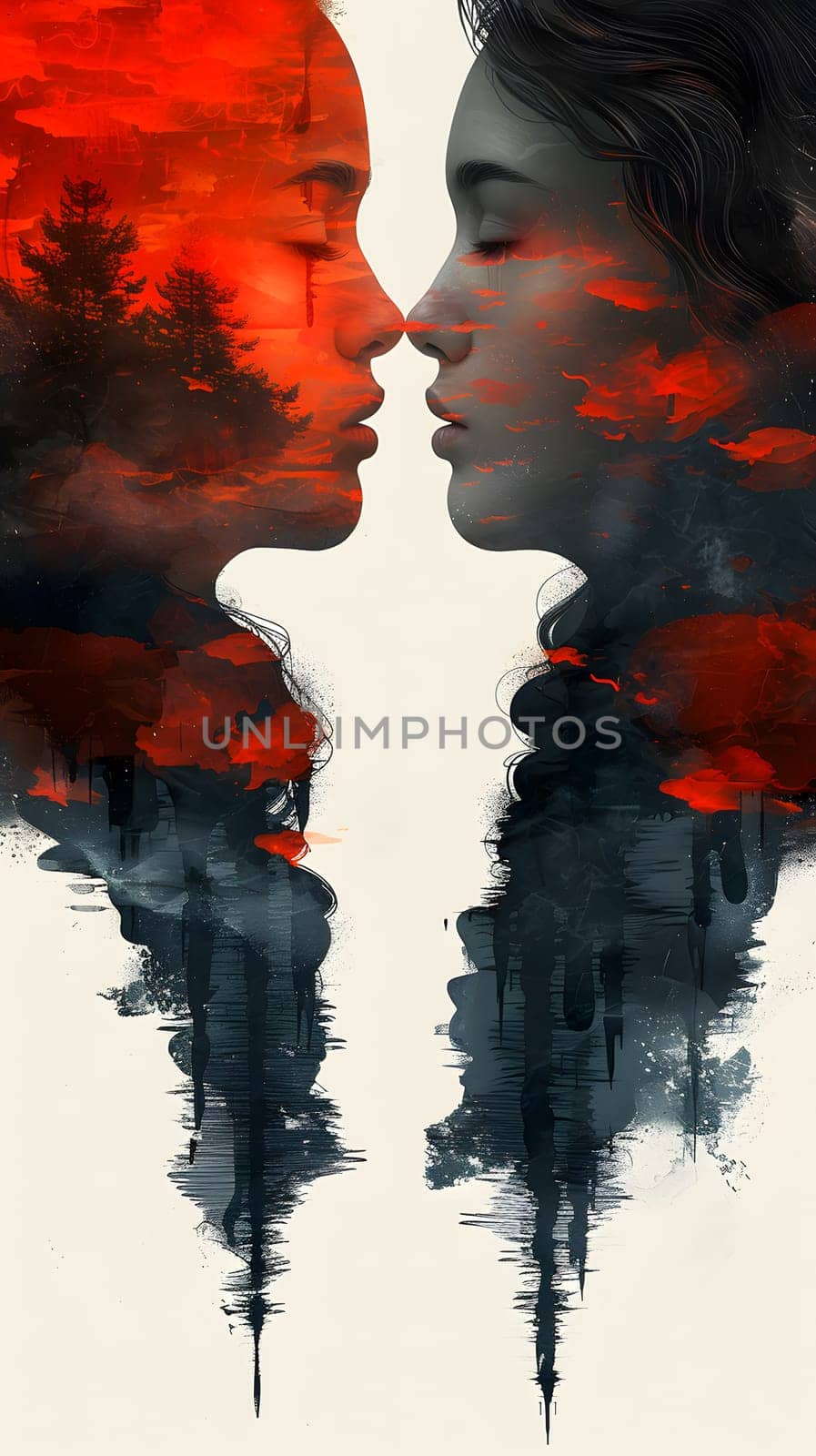 A jawdropping double exposure art piece capturing two people kissing with trees in the background, showcasing symmetry and happy gestures