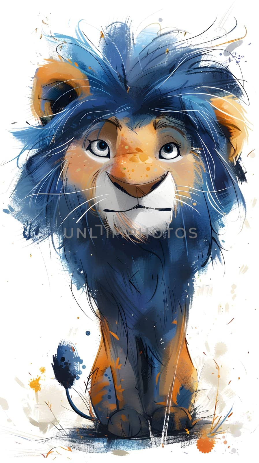 An illustration of a fictional character, a cartoon lion with electric blue mane, standing on a white background. The painting features detailed fur, expressive snout, and vibrant colors