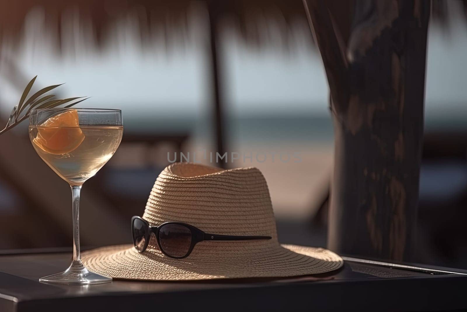 Close-Up Shot Of A Beach Hat And Cocktail With A Beach In Blurred The Background