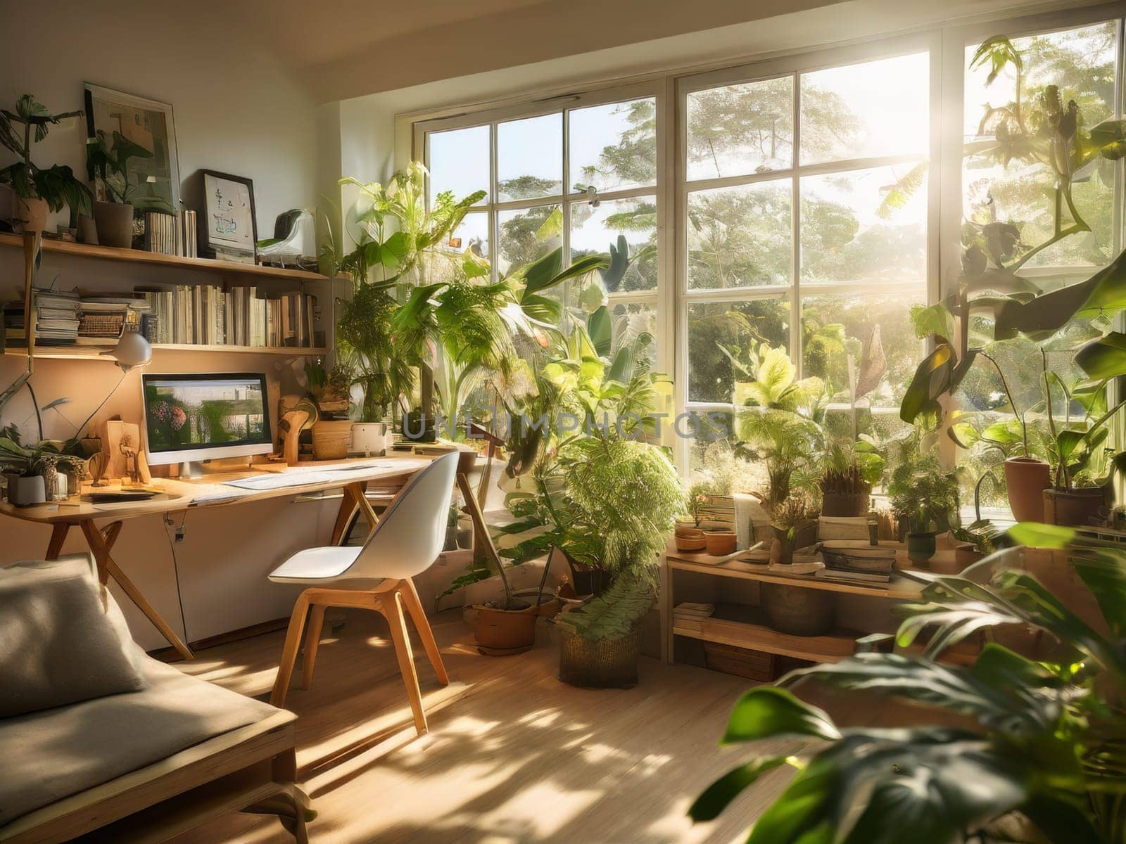 Urban jungle in living room interior. Scandinavian and boho style room interior with many natural potted plants.