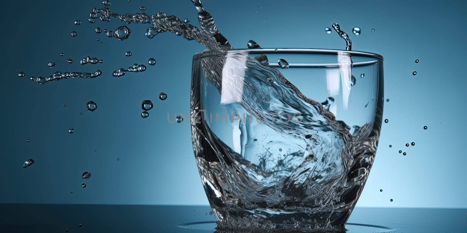 Fresh water in a glass with splashes and drops on a blue background