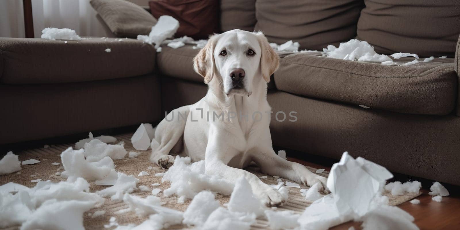 Labrador retriever sitting near a torn coach in living room, got caught doing mess