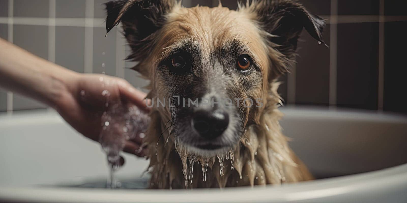 Owner bathes dog, enjoys swimming in water. by GekaSkr