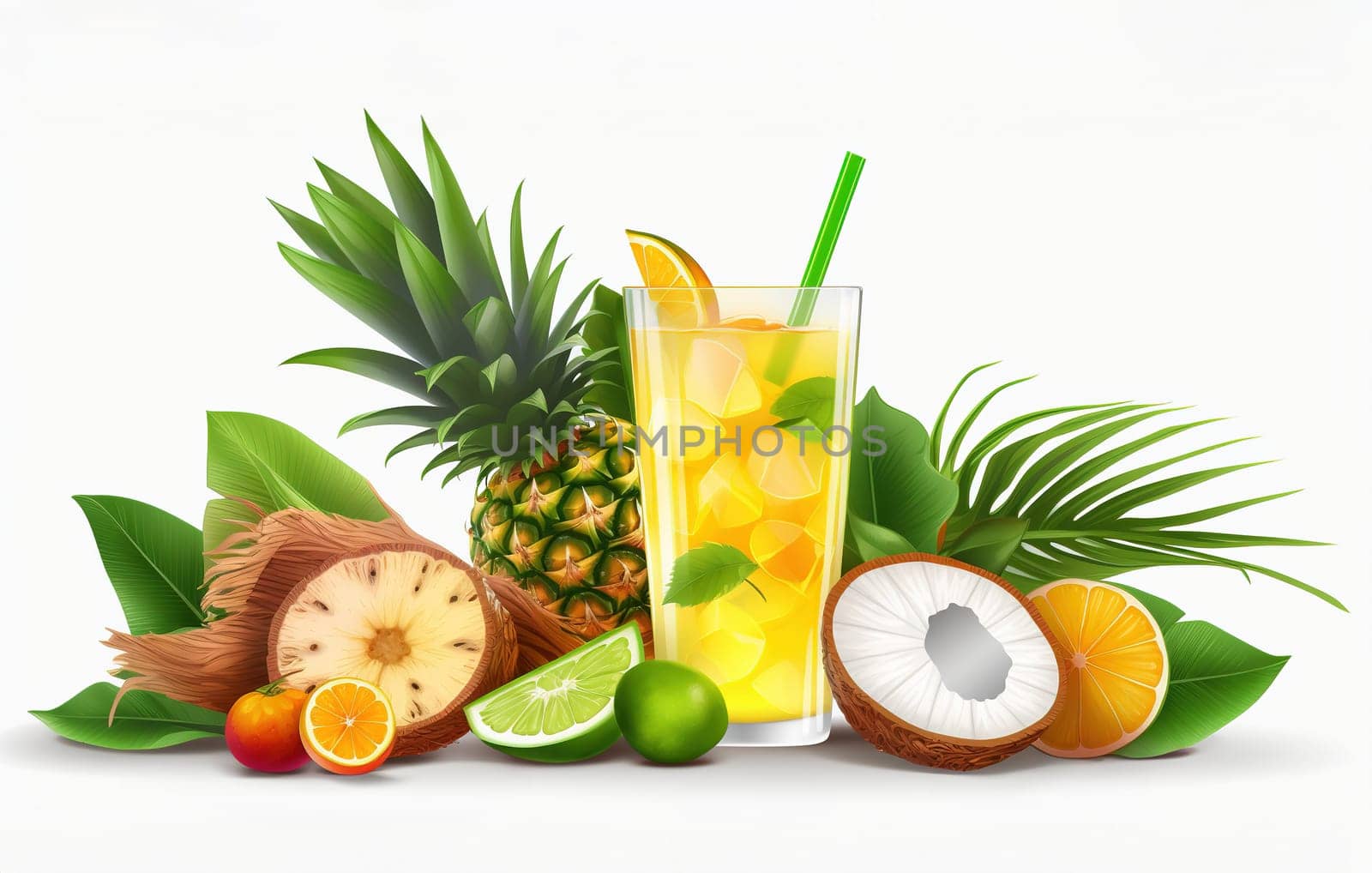 Illustration of a tropical cocktail with ice, coconuts and fruits on a white background