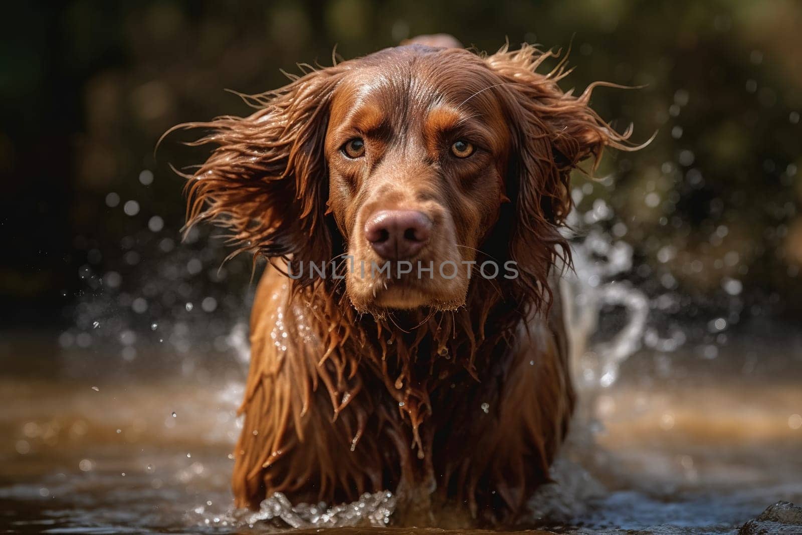Dog swimming creates splashes and drops of water everywhere.