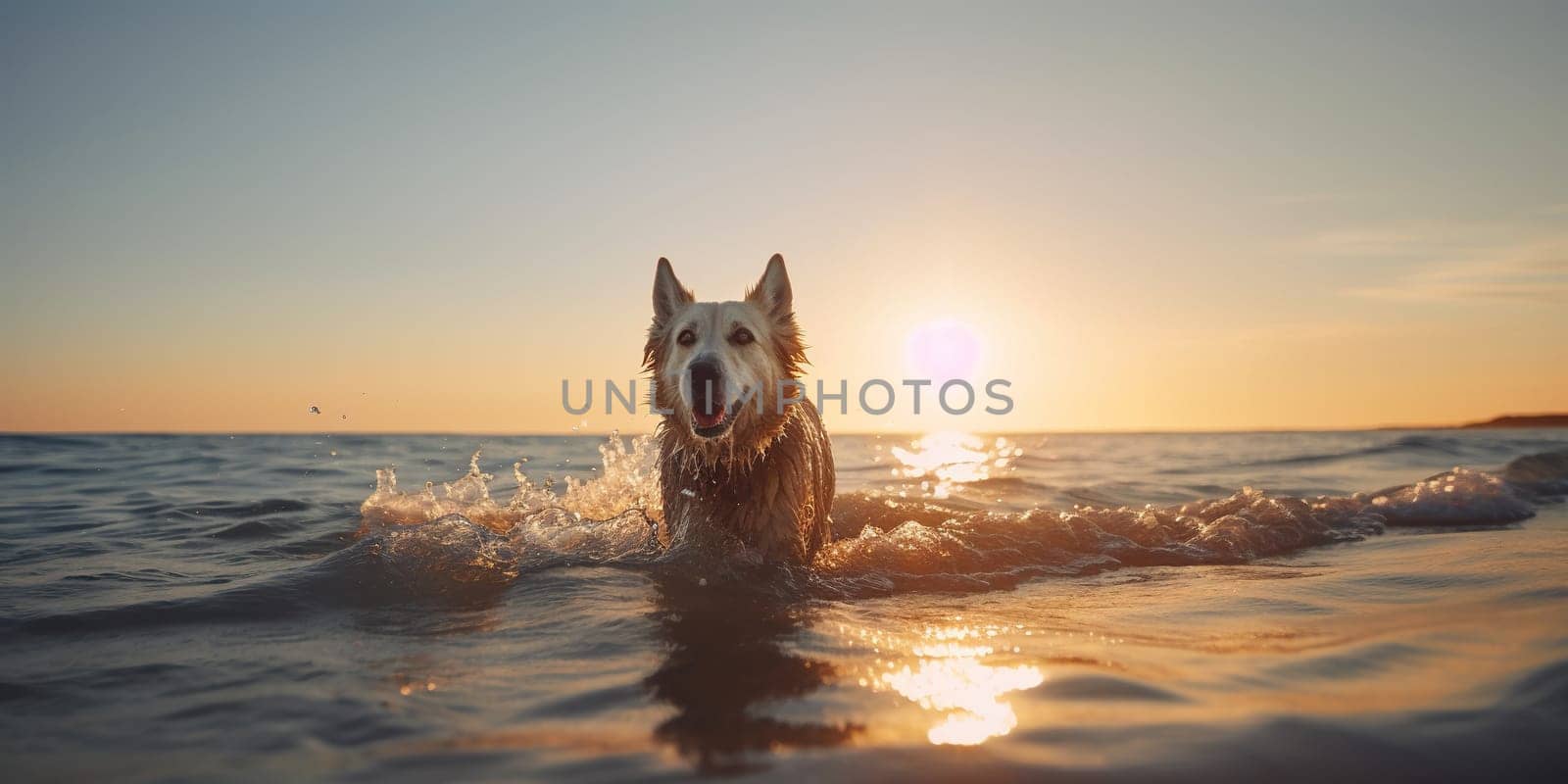 Dog swimming towards sunset, water skimming across ocean beach shore. by GekaSkr