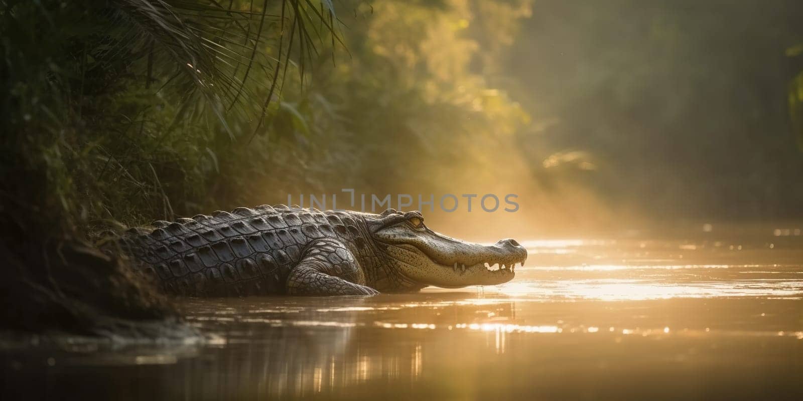 Big African Crocodile In River In The Evening At Sunset