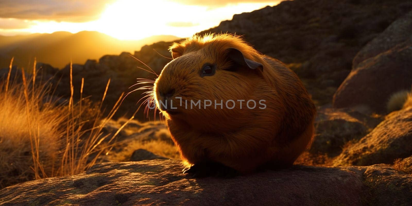 Cute Guinea Pig On A Ground At Sunset, Close Up At Sunset
