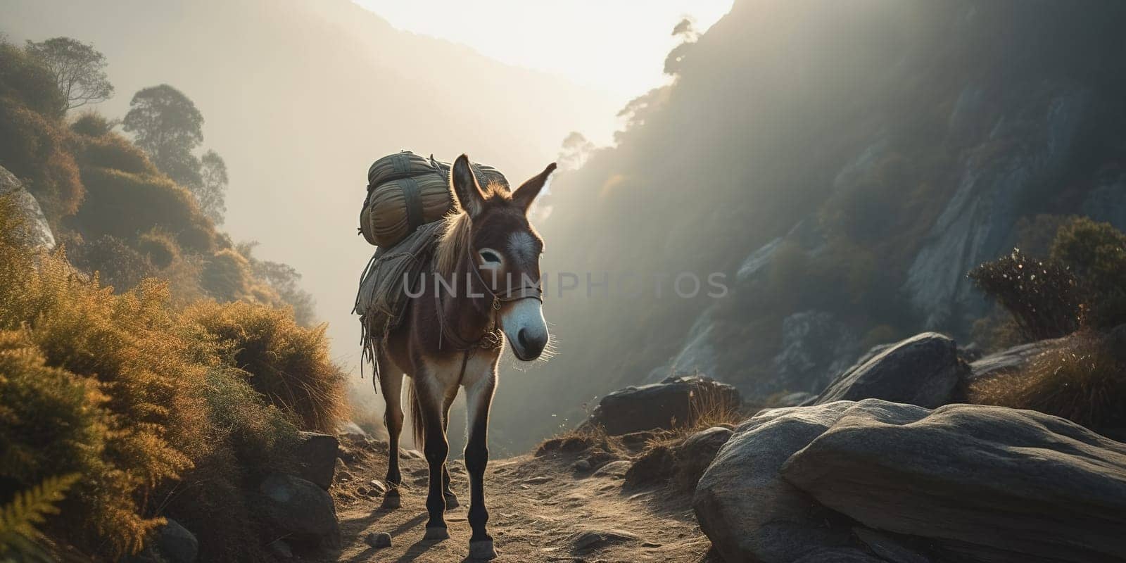 Loaded Domestic Donkey With Bags On A Mountain Path