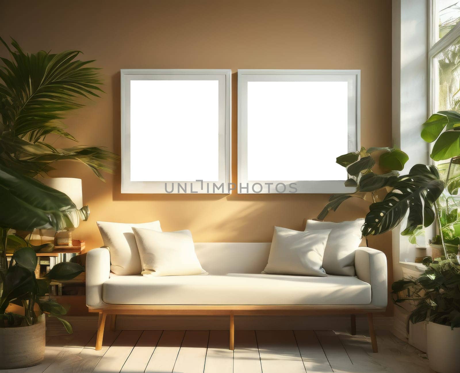 Mock up two picture frame in living room interior with urban jungle. Modern sofa in room with green plants. Scandinavian and boho style room interior with many natural potted plants