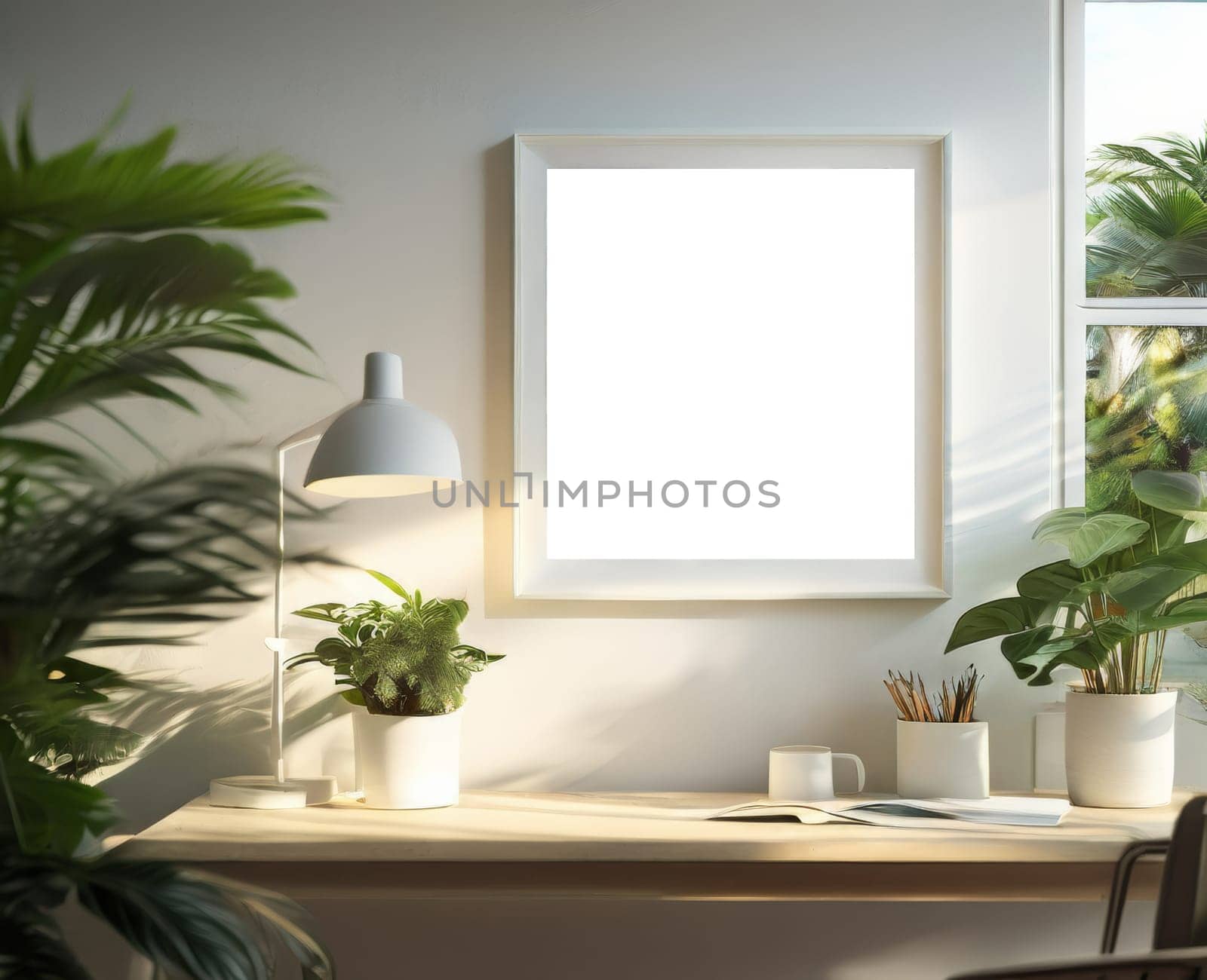 Mock up picture frame in living room interior with urban jungle. Writing desk and chair in room with green plants. Scandinavian and boho style room interior with many natural potted plants