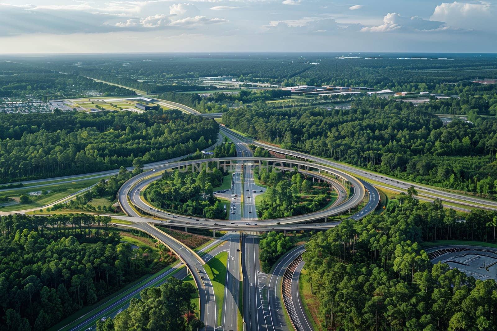 A birds eye view of a complex highway interchange with multiple lanes and ramps, all enclosed by lush green trees.