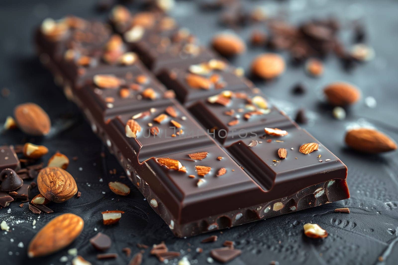 A detailed view of a chocolate bar filled with crunchy nuts, showcasing the rich texture and flavors of the treat.