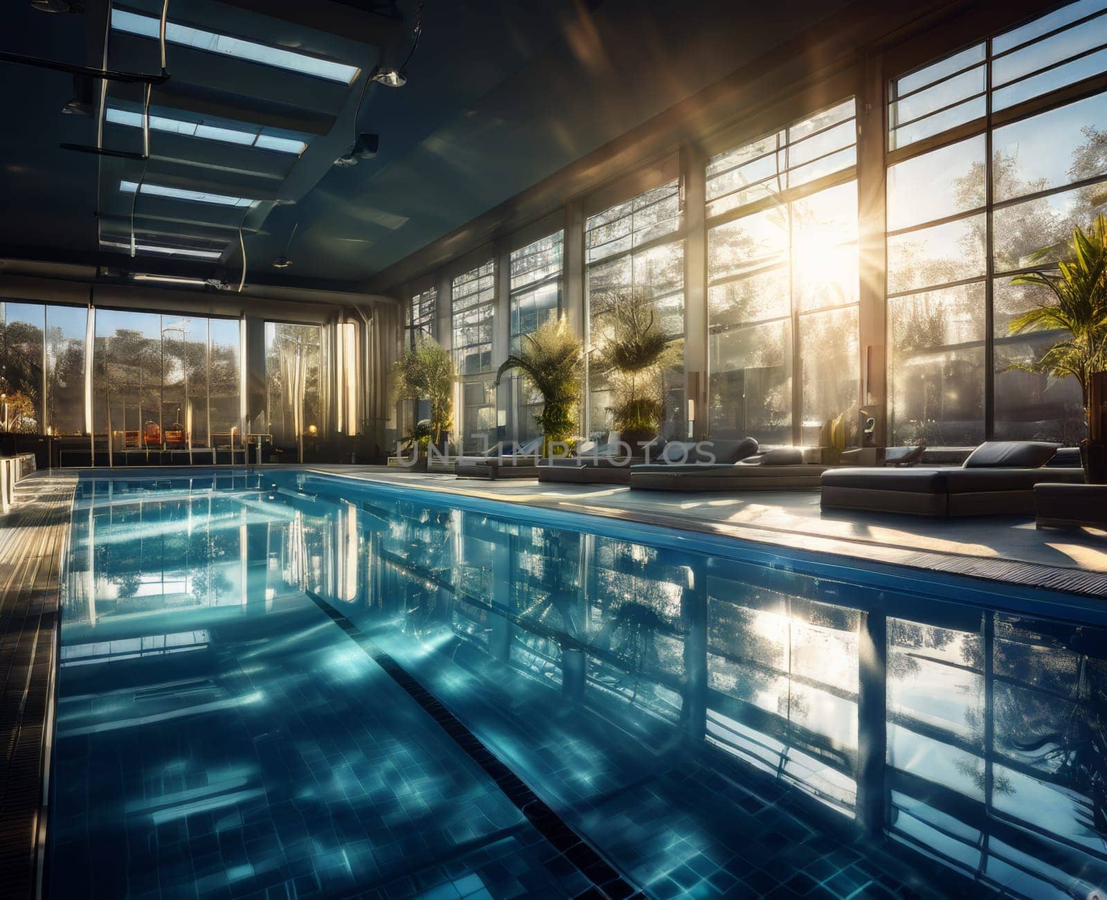 Swimming pool indoors. Beautiful empty swimming pool with amazing sunlight. Sport and relax concept